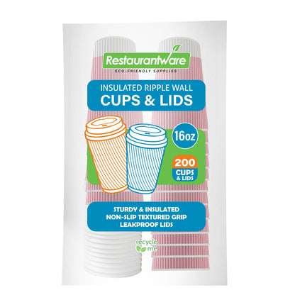 Restpresso 16 oz Light Pink Paper Ripple Wall Coffee Cup - with White Lid - 3 1/2" x 3 1/2" x 6 1/4" - 200 count box