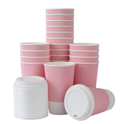 Restpresso 16 oz Light Pink Paper Ripple Wall Coffee Cup - with White Lid - 3 1/2" x 3 1/2" x 6 1/4" - 20 count box