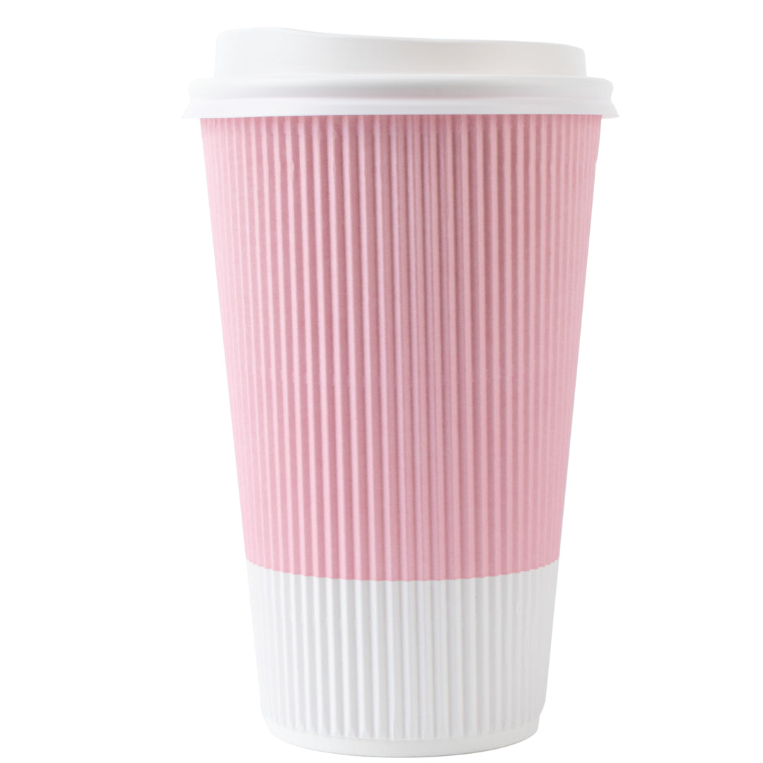 Restpresso 16 oz Light Pink Paper Ripple Wall Coffee Cup - with White Lid - 3 1/2" x 3 1/2" x 6 1/4" - 20 count box