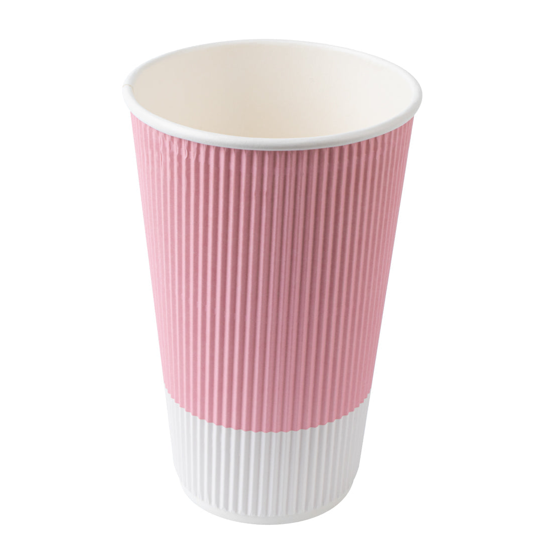 Restpresso 16 oz Light Pink Paper Ripple Wall Coffee Cup - with White Lid - 3 1/2" x 3 1/2" x 6 1/4" - 20 count box