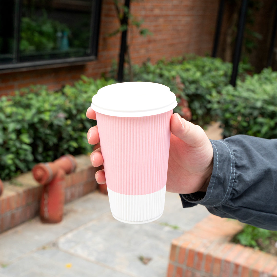 Restpresso 16 oz Light Pink Paper Ripple Wall Coffee Cup - with White Lid - 3 1/2" x 3 1/2" x 6 1/4" - 20 count box