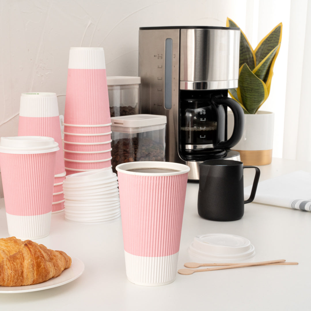 Restpresso 16 oz Light Pink Paper Ripple Wall Coffee Cup - with White Lid - 3 1/2" x 3 1/2" x 6 1/4" - 20 count box