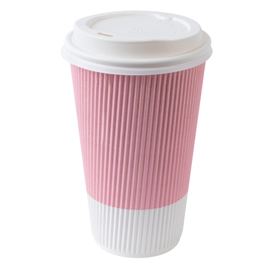 Restpresso 16 oz Light Pink Paper Ripple Wall Coffee Cup - with White Lid - 3 1/2" x 3 1/2" x 6 1/4" - 200 count box