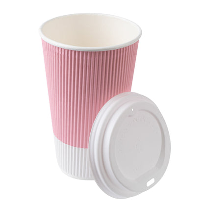 Restpresso 16 oz Light Pink Paper Ripple Wall Coffee Cup - with White Lid - 3 1/2" x 3 1/2" x 6 1/4" - 200 count box