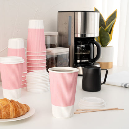 Restpresso 16 oz Light Pink Paper Ripple Wall Coffee Cup - with White Lid - 3 1/2" x 3 1/2" x 6 1/4" - 200 count box
