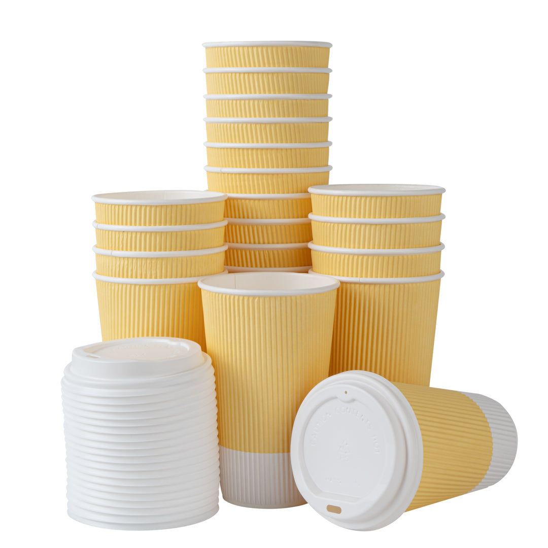 Restpresso 16 oz Light Yellow Paper Ripple Wall Coffee Cup - with White Lid - 3 1/2" x 3 1/2" x 6 1/4" - 200 count box