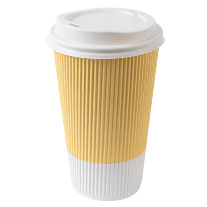 Restpresso 16 oz Light Yellow Paper Ripple Wall Coffee Cup - with White Lid - 3 1/2" x 3 1/2" x 6 1/4" - 20 count box