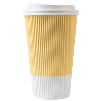 Restpresso 16 oz Light Yellow Paper Ripple Wall Coffee Cup - with White Lid - 3 1/2" x 3 1/2" x 6 1/4" - 20 count box