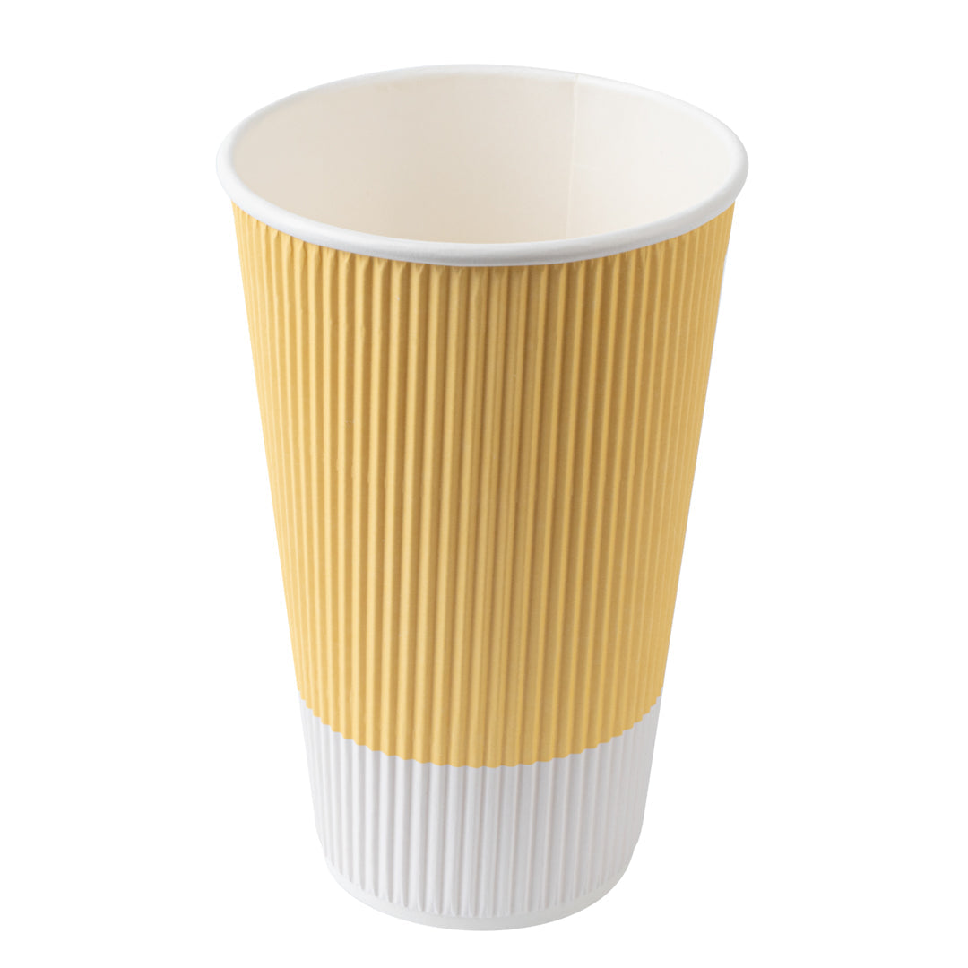 Restpresso 16 oz Light Yellow Paper Ripple Wall Coffee Cup - with White Lid - 3 1/2" x 3 1/2" x 6 1/4" - 20 count box