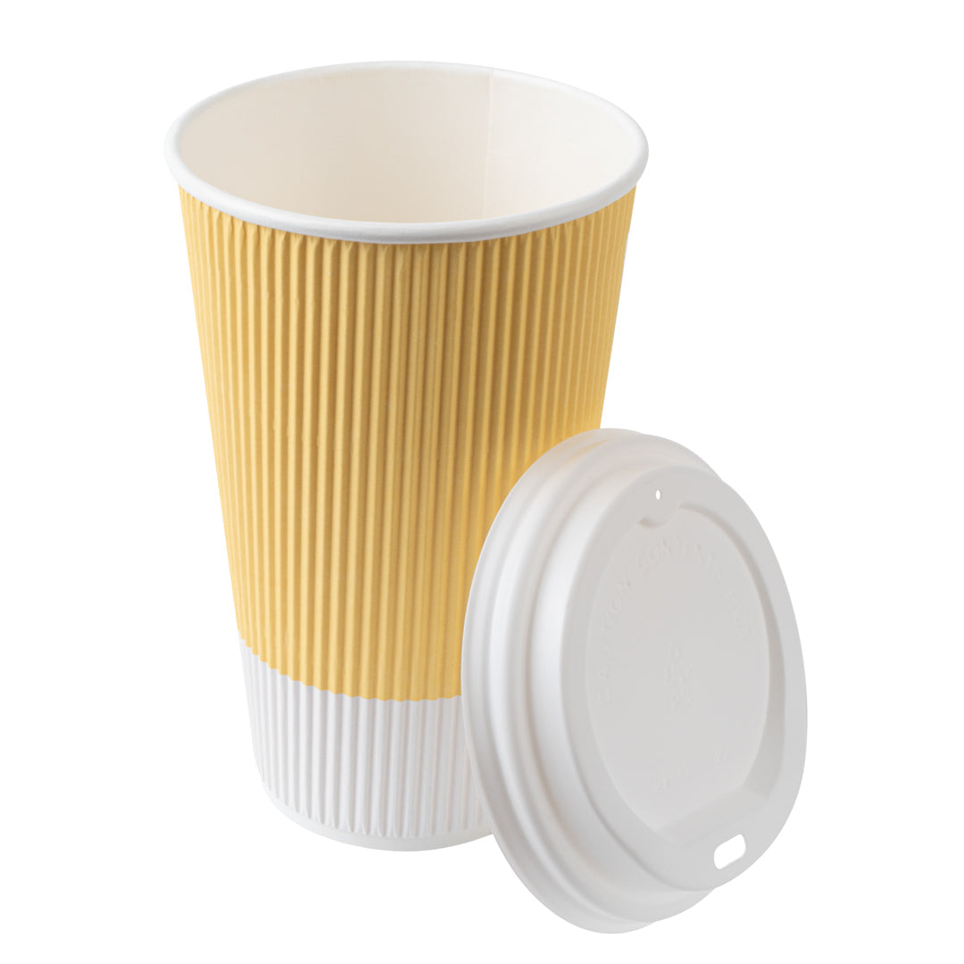 Restpresso 16 oz Light Yellow Paper Ripple Wall Coffee Cup - with White Lid - 3 1/2" x 3 1/2" x 6 1/4" - 200 count box
