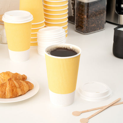Restpresso 16 oz Light Yellow Paper Ripple Wall Coffee Cup - with White Lid - 3 1/2" x 3 1/2" x 6 1/4" - 200 count box
