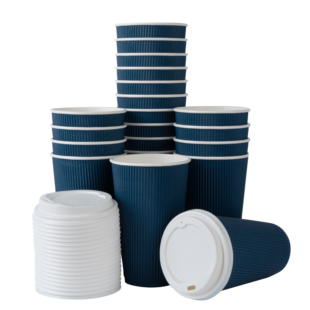 Restpresso 16 oz Midnight Blue Paper Ripple Wall Coffee Cup - with White Lid - 3 1/2" x 3 1/2" x 6 1/4" - 20 count box