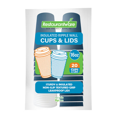 Restpresso 16 oz Midnight Blue Paper Ripple Wall Coffee Cup - with White Lid - 3 1/2" x 3 1/2" x 6 1/4" - 20 count box