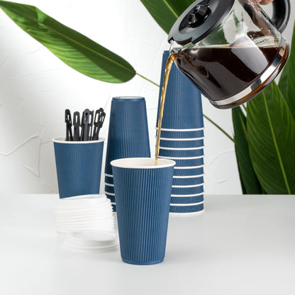 Restpresso 16 oz Midnight Blue Paper Ripple Wall Coffee Cup - with White Lid - 3 1/2" x 3 1/2" x 6 1/4" - 20 count box