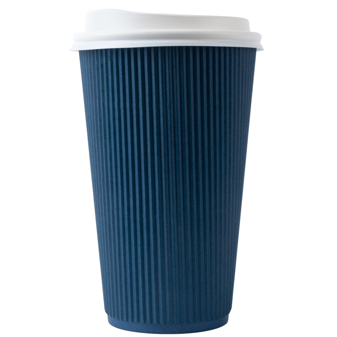 Restpresso 16 oz Midnight Blue Paper Ripple Wall Coffee Cup - with White Lid - 3 1/2" x 3 1/2" x 6 1/4" - 20 count box