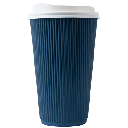 Restpresso 16 oz Midnight Blue Paper Ripple Wall Coffee Cup - with White Lid - 3 1/2" x 3 1/2" x 6 1/4" - 20 count box