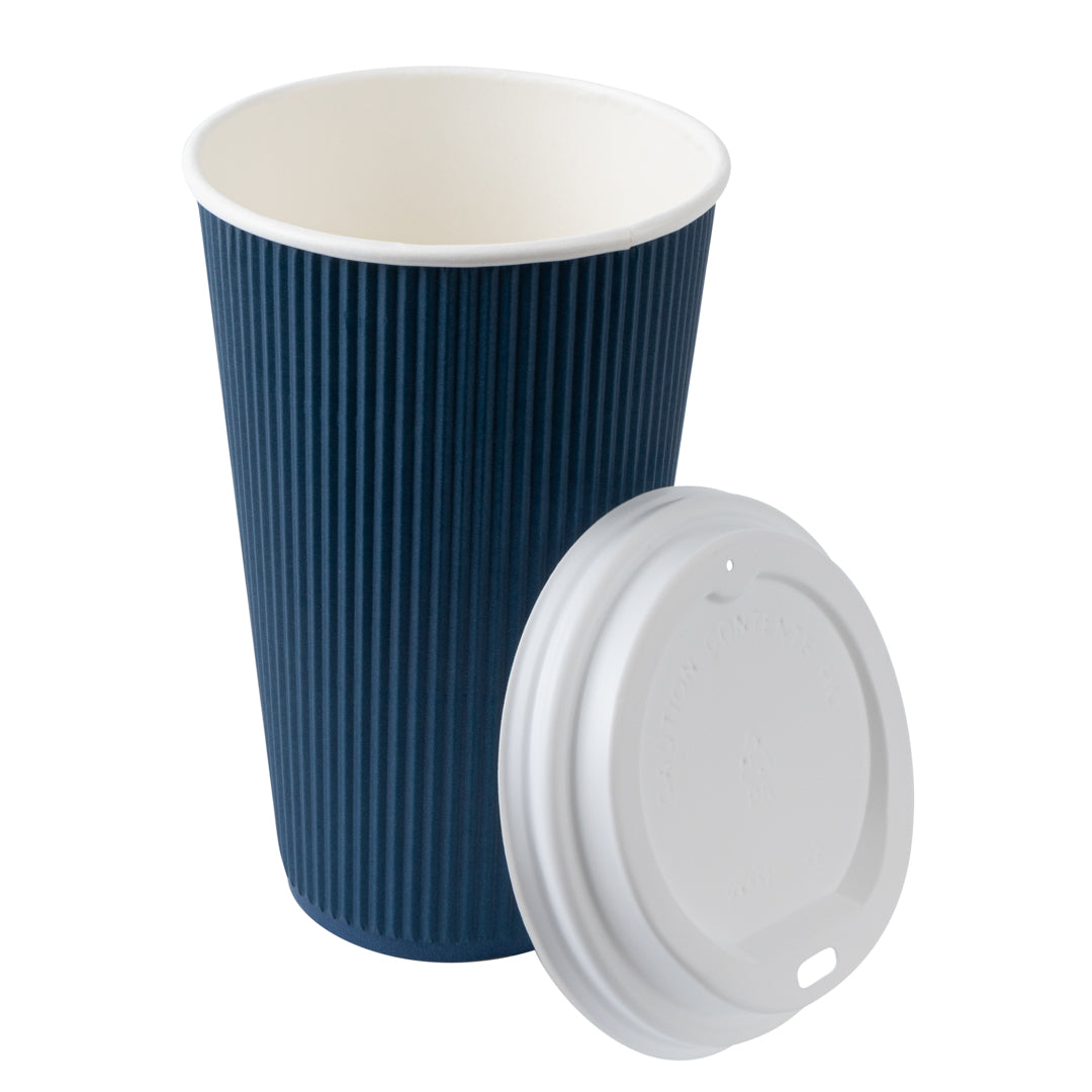 Restpresso 16 oz Midnight Blue Paper Ripple Wall Coffee Cup - with White Lid - 3 1/2" x 3 1/2" x 6 1/4" - 20 count box