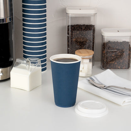 Restpresso 16 oz Midnight Blue Paper Ripple Wall Coffee Cup - with White Lid - 3 1/2" x 3 1/2" x 6 1/4" - 20 count box