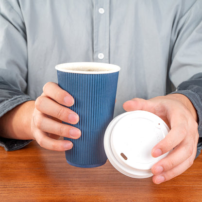 Restpresso 16 oz Midnight Blue Paper Ripple Wall Coffee Cup - with White Lid - 3 1/2" x 3 1/2" x 6 1/4" - 200 count box