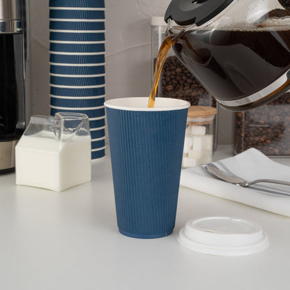 Restpresso 16 oz Midnight Blue Paper Ripple Wall Coffee Cup - with White Lid - 3 1/2" x 3 1/2" x 6 1/4" - 200 count box