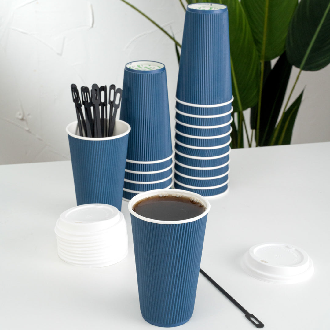 Restpresso 16 oz Midnight Blue Paper Ripple Wall Coffee Cup - with White Lid - 3 1/2" x 3 1/2" x 6 1/4" - 200 count box