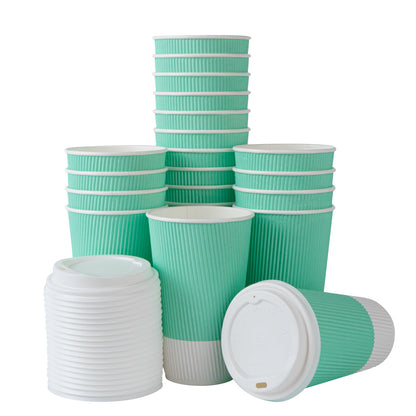 Restpresso 16 oz Light Green Paper Ripple Wall Coffee Cup - with White Lid - 3 1/2" x 3 1/2" x 6 1/4" - 20 count box