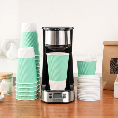 Restpresso 16 oz Light Green Paper Ripple Wall Coffee Cup - with White Lid - 3 1/2" x 3 1/2" x 6 1/4" - 20 count box