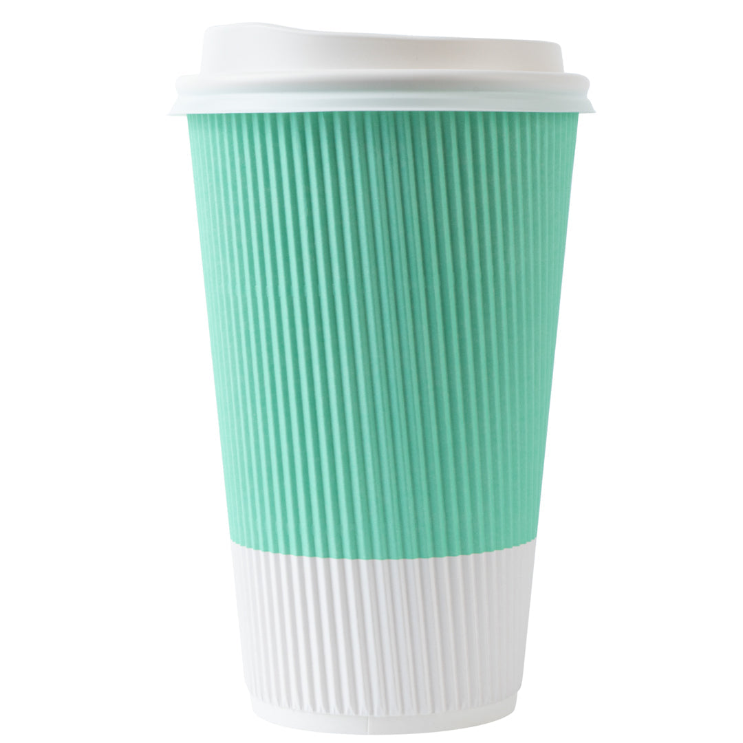 Restpresso 16 oz Light Green Paper Ripple Wall Coffee Cup - with White Lid - 3 1/2" x 3 1/2" x 6 1/4" - 20 count box