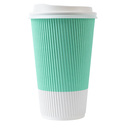 Restpresso 16 oz Light Green Paper Ripple Wall Coffee Cup - with White Lid - 3 1/2" x 3 1/2" x 6 1/4" - 20 count box