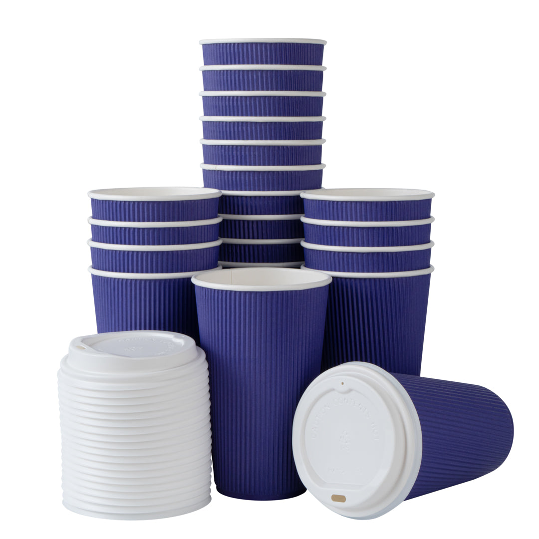 Restpresso 16 oz Royal Purple Paper Ripple Wall Coffee Cup - with White Lid - 3 1/2" x 3 1/2" x 6 1/4" - 200 count box