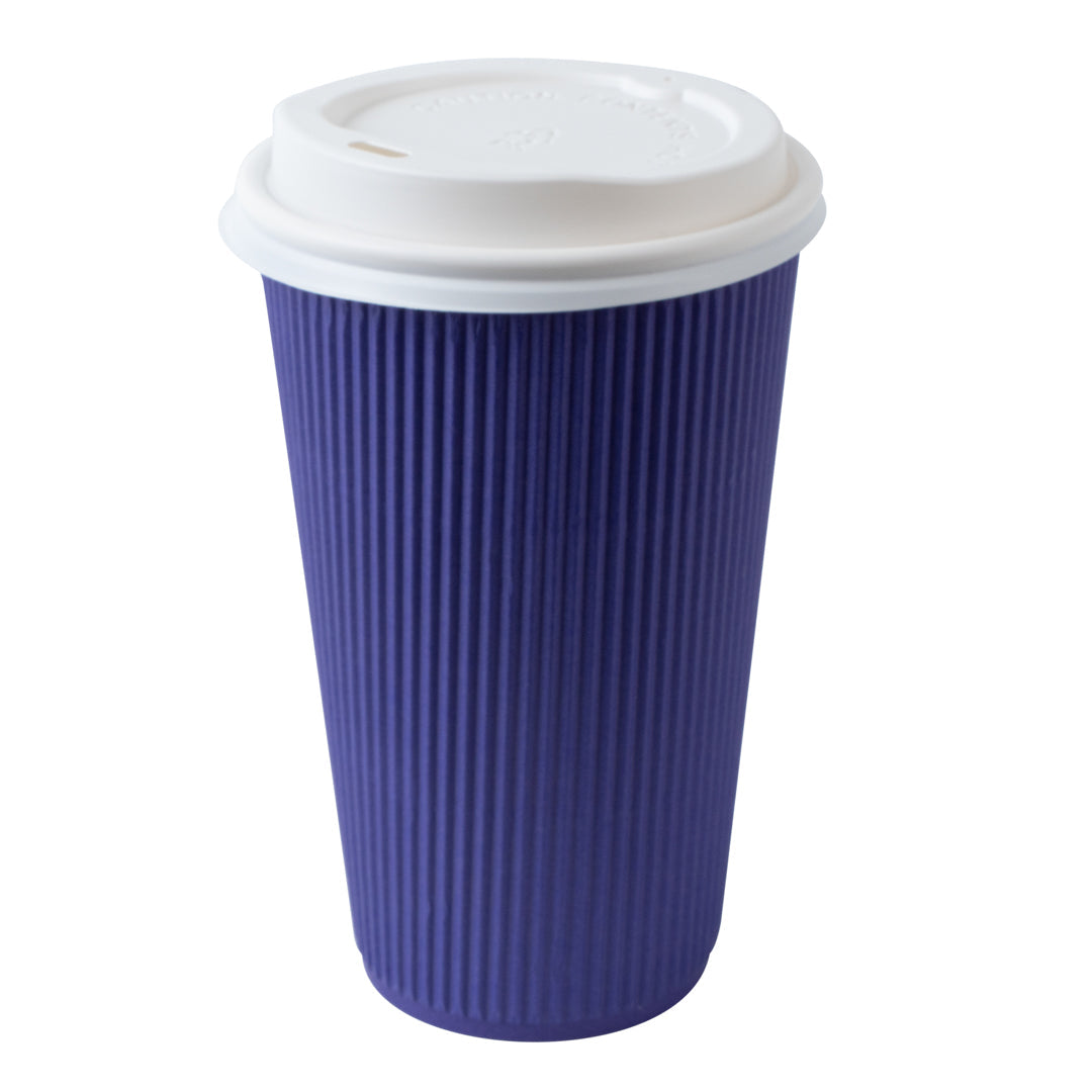 Restpresso 16 oz Royal Purple Paper Ripple Wall Coffee Cup - with White Lid - 3 1/2" x 3 1/2" x 6 1/4" - 20 count box