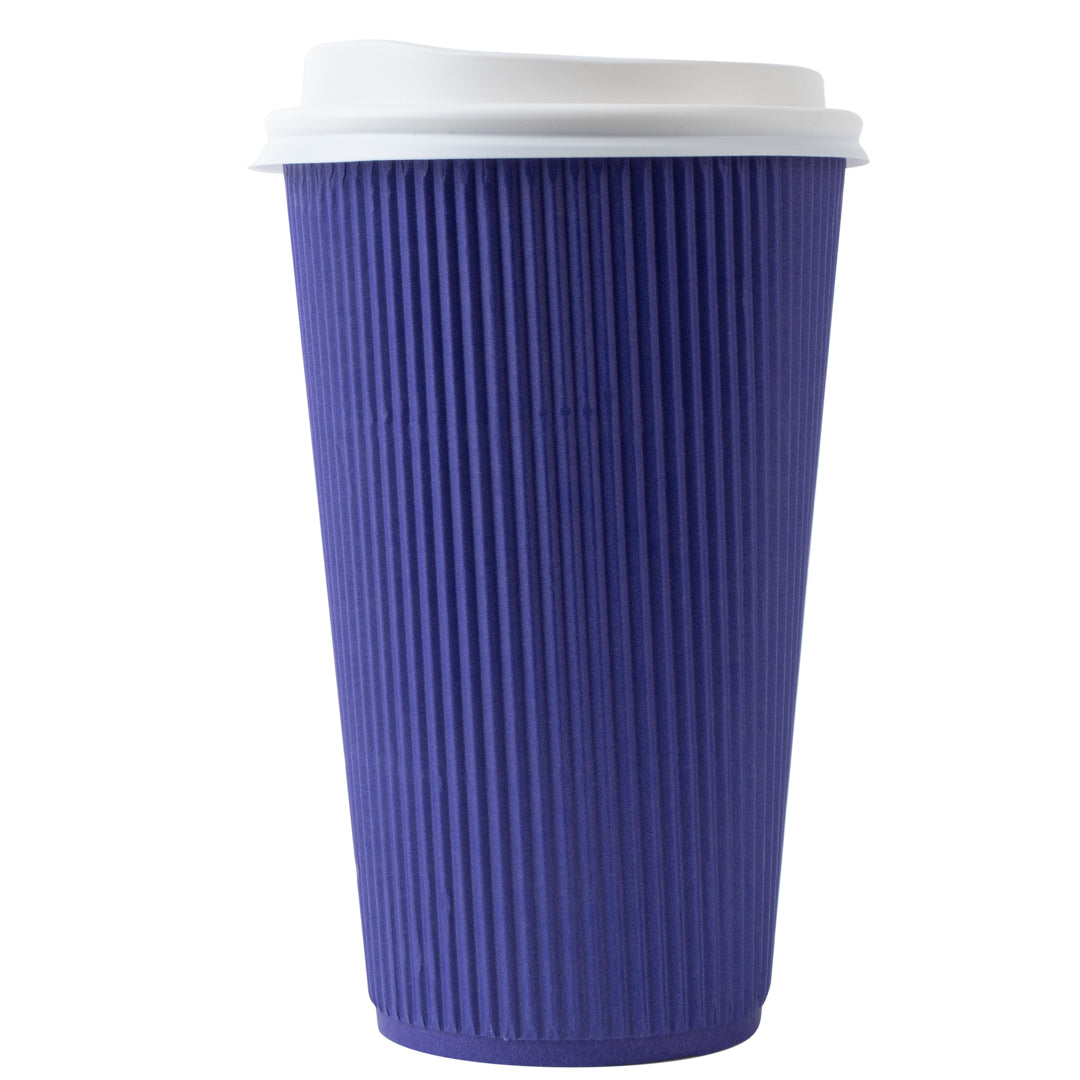Restpresso 16 oz Royal Purple Paper Ripple Wall Coffee Cup - with White Lid - 3 1/2" x 3 1/2" x 6 1/4" - 20 count box