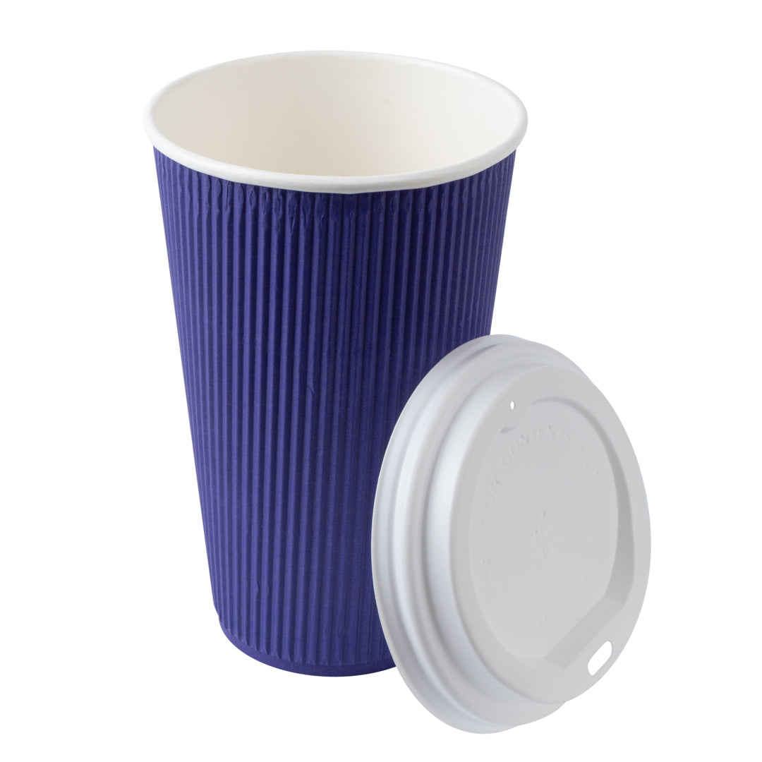 Restpresso 16 oz Royal Purple Paper Ripple Wall Coffee Cup - with White Lid - 3 1/2" x 3 1/2" x 6 1/4" - 20 count box