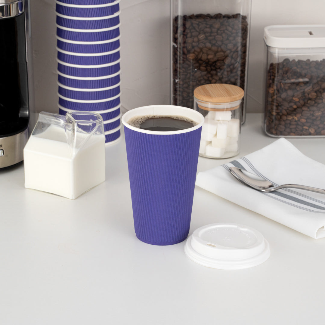 Restpresso 16 oz Royal Purple Paper Ripple Wall Coffee Cup - with White Lid - 3 1/2" x 3 1/2" x 6 1/4" - 20 count box