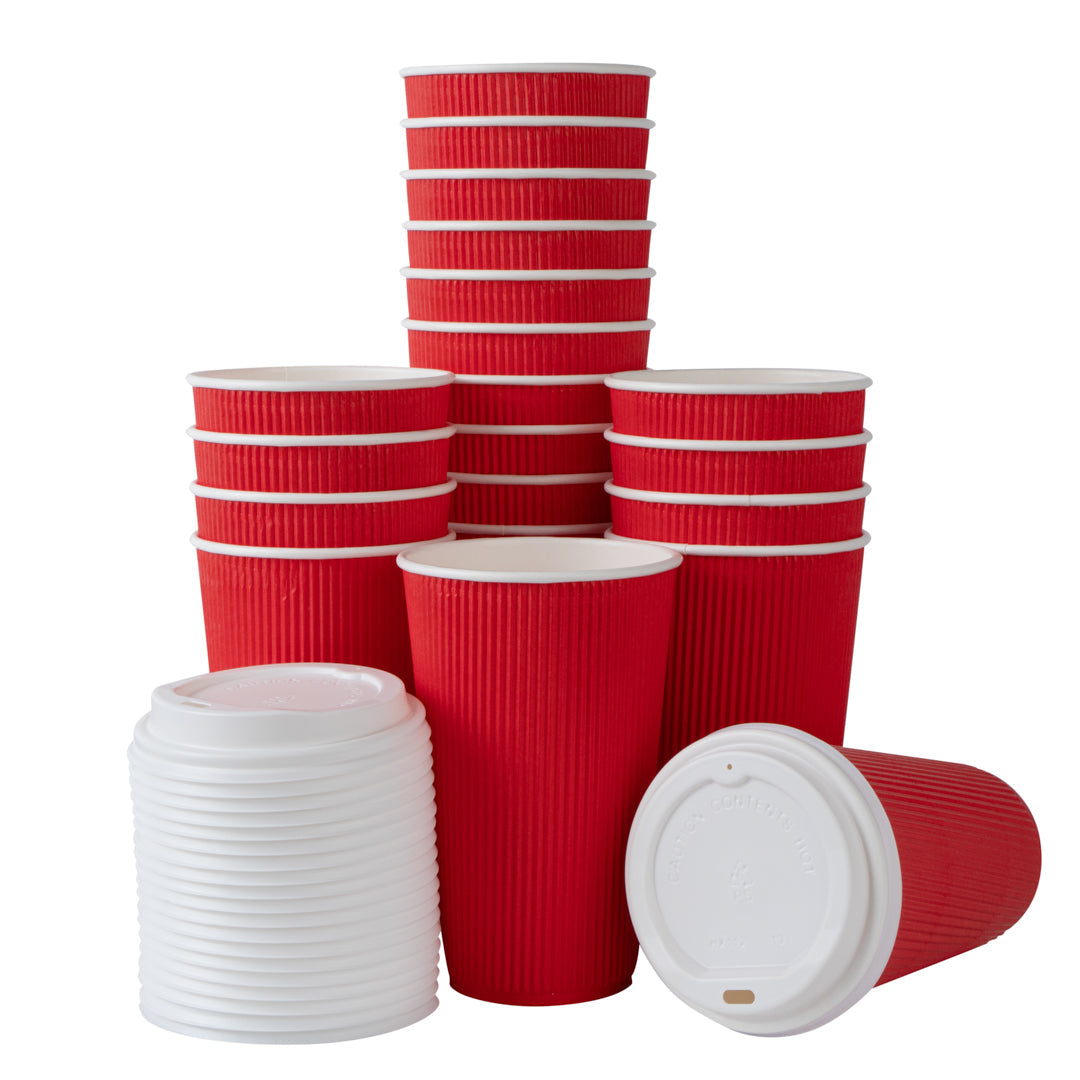 Restpresso 16 oz Red Paper Ripple Wall Coffee Cup - with White Lid - 3 1/2" x 3 1/2" x 6 1/4" - 20 count box