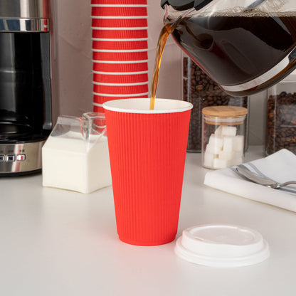 Restpresso 16 oz Red Paper Ripple Wall Coffee Cup - with White Lid - 3 1/2" x 3 1/2" x 6 1/4" - 20 count box