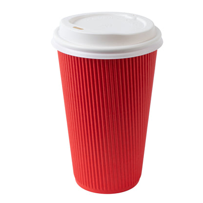 Restpresso 16 oz Red Paper Ripple Wall Coffee Cup - with White Lid - 3 1/2" x 3 1/2" x 6 1/4" - 20 count box