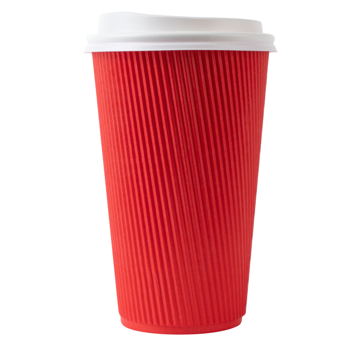 Restpresso 16 oz Red Paper Ripple Wall Coffee Cup - with White Lid - 3 1/2" x 3 1/2" x 6 1/4" - 20 count box