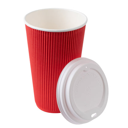 Restpresso 16 oz Red Paper Ripple Wall Coffee Cup - with White Lid - 3 1/2" x 3 1/2" x 6 1/4" - 20 count box