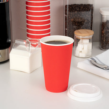 Restpresso 16 oz Red Paper Ripple Wall Coffee Cup - with White Lid - 3 1/2" x 3 1/2" x 6 1/4" - 20 count box