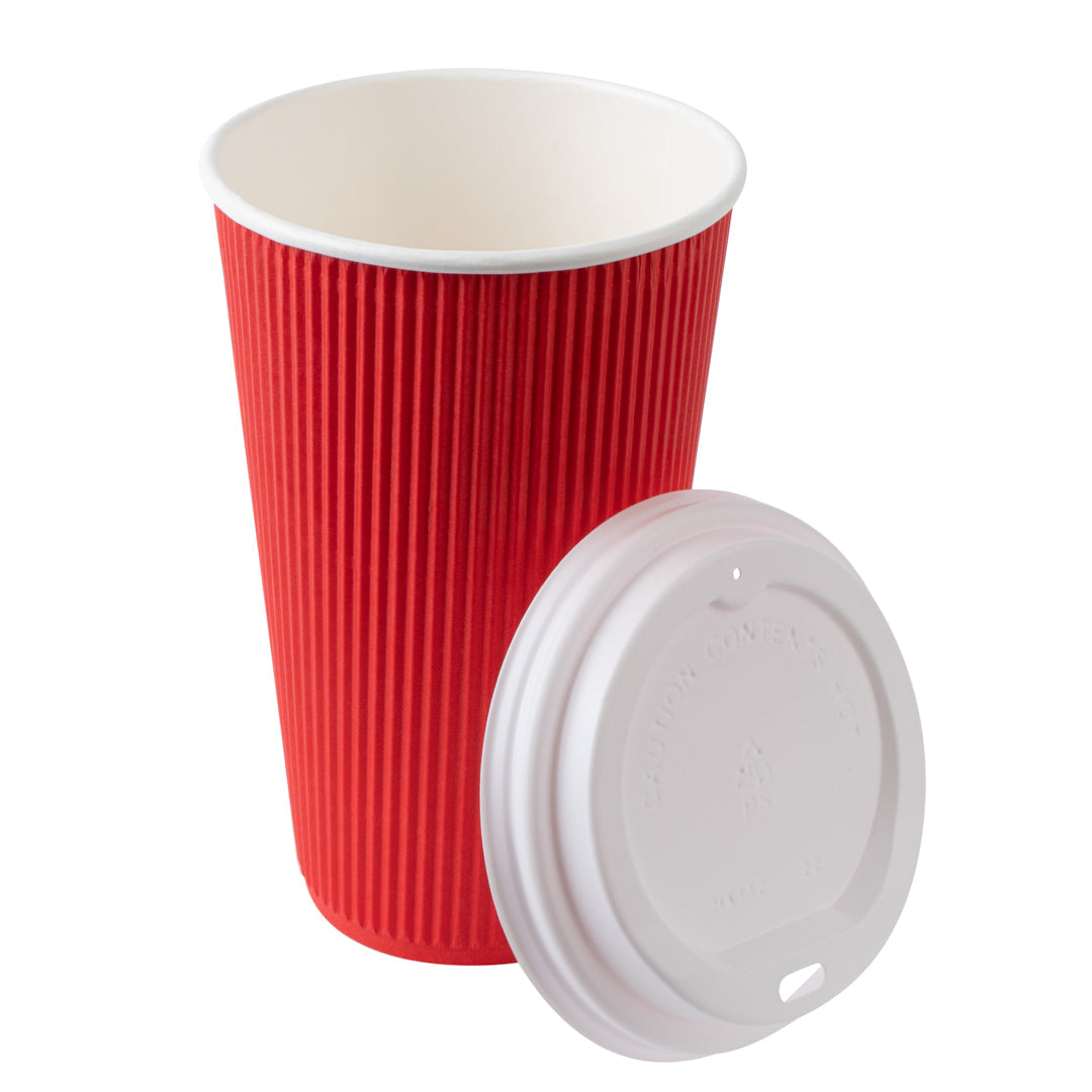 Restpresso 16 oz Red Paper Ripple Wall Coffee Cup - with White Lid - 3 1/2" x 3 1/2" x 6 1/4" - 200 count box