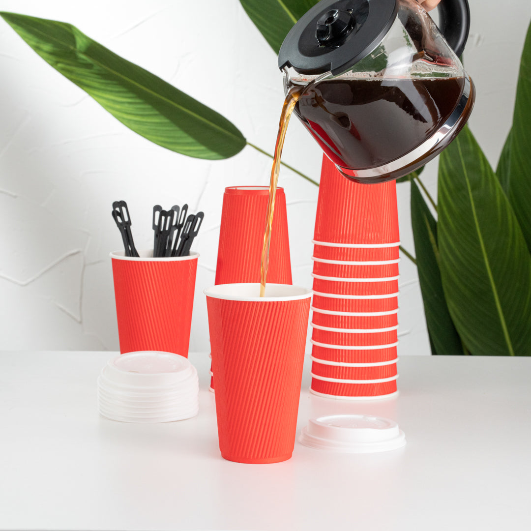 Restpresso 16 oz Red Paper Ripple Wall Coffee Cup - with White Lid - 3 1/2" x 3 1/2" x 6 1/4" - 200 count box