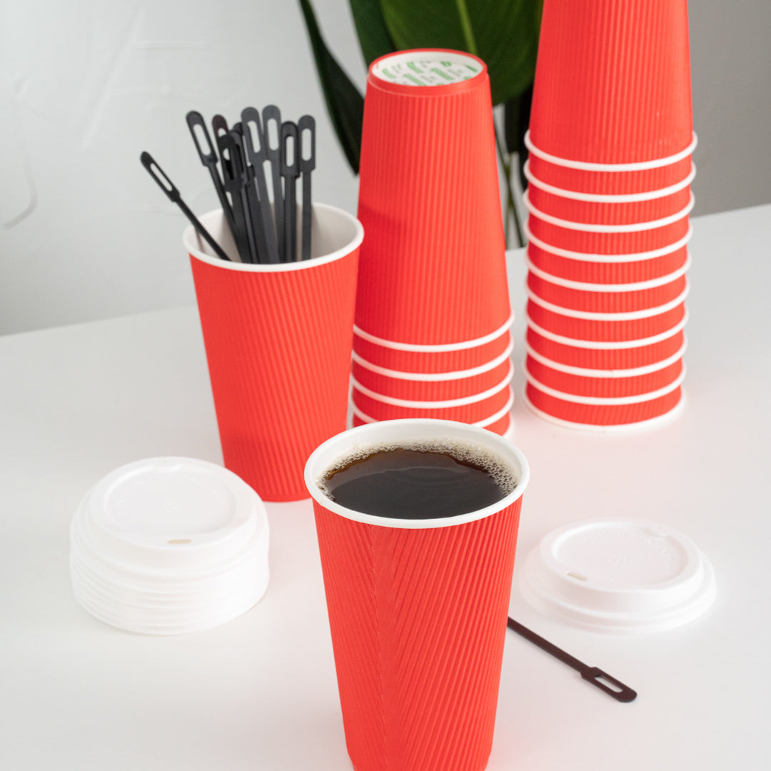Restpresso 16 oz Red Paper Ripple Wall Coffee Cup - with White Lid - 3 1/2" x 3 1/2" x 6 1/4" - 200 count box