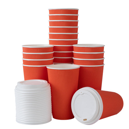 Restpresso 16 oz Tangerine Orange Paper Ripple Wall Coffee Cup - with White Lid - 3 1/2" x 3 1/2" x 6 1/4" - 20 count box
