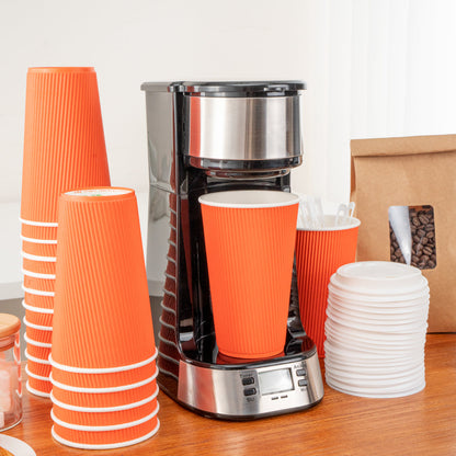 Restpresso 16 oz Tangerine Orange Paper Ripple Wall Coffee Cup - with White Lid - 3 1/2" x 3 1/2" x 6 1/4" - 20 count box