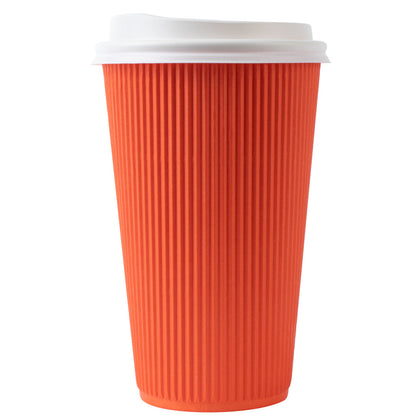 Restpresso 16 oz Tangerine Orange Paper Ripple Wall Coffee Cup - with White Lid - 3 1/2" x 3 1/2" x 6 1/4" - 20 count box