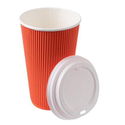 Restpresso 16 oz Tangerine Orange Paper Ripple Wall Coffee Cup - with White Lid - 3 1/2" x 3 1/2" x 6 1/4" - 20 count box