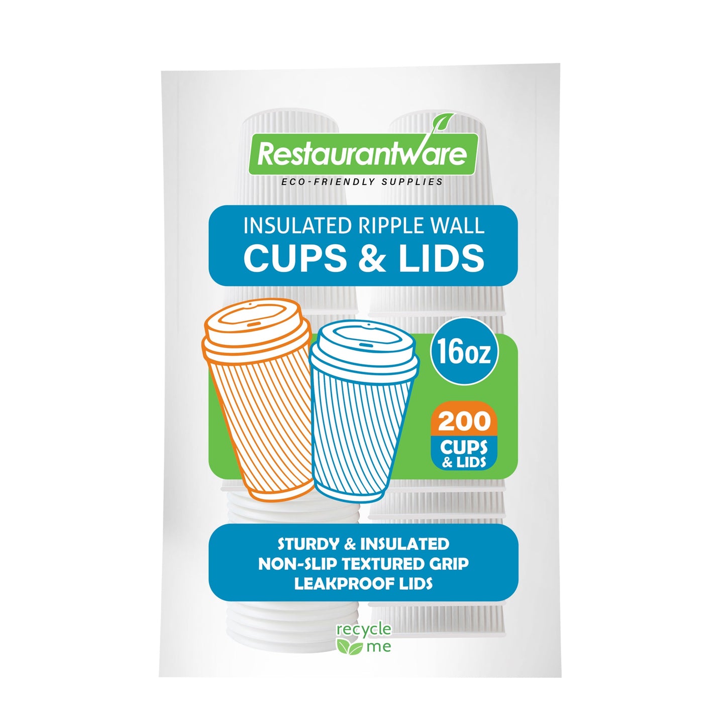Restpresso 16 oz White Paper Ripple Wall Coffee Cup - with White Lid - 3 1/2" x 3 1/2" x 6 1/4" - 200 count box
