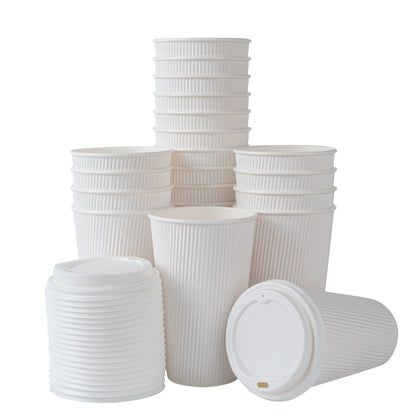 Restpresso 16 oz White Paper Ripple Wall Coffee Cup - with White Lid - 3 1/2" x 3 1/2" x 6 1/4" - 20 count box