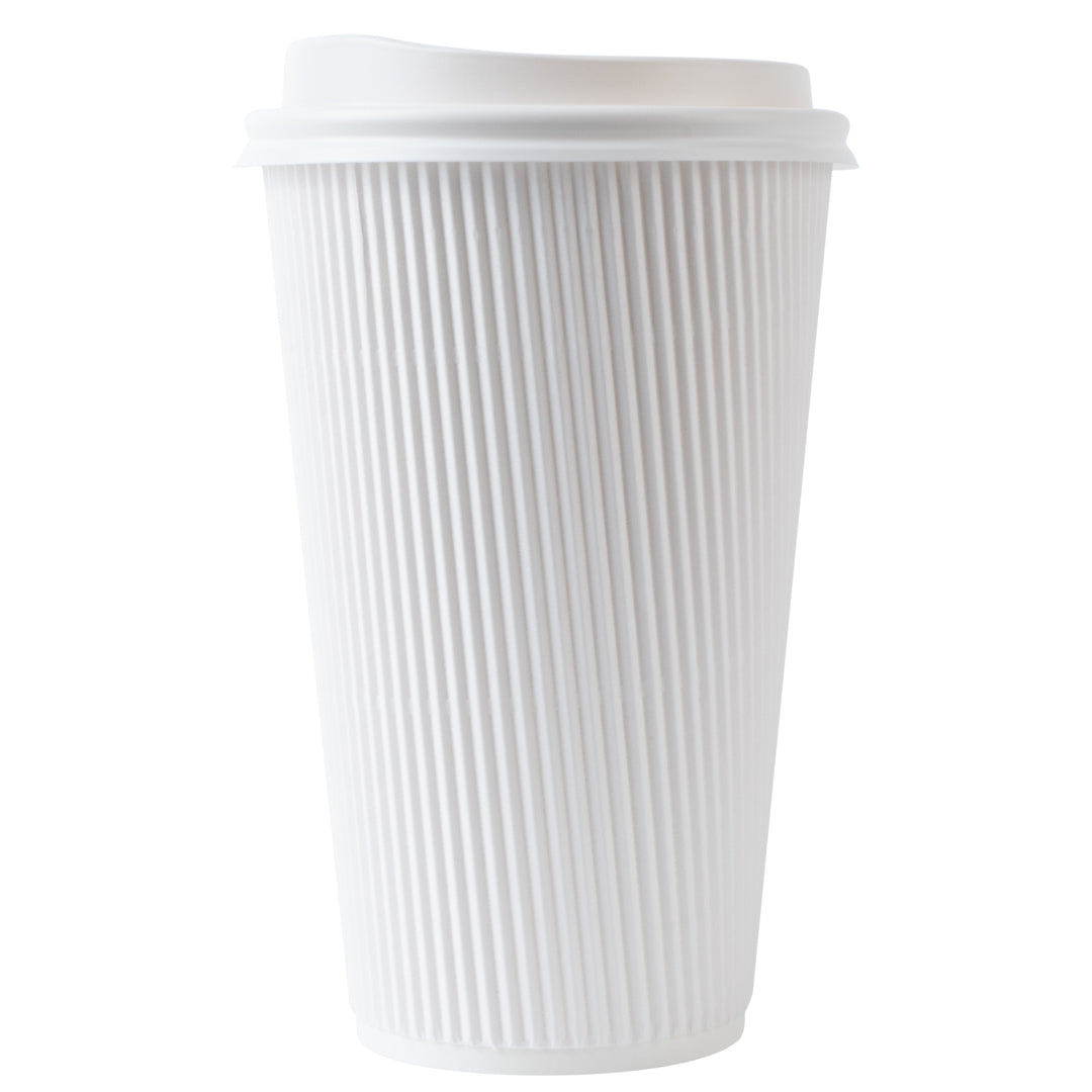 Restpresso 16 oz White Paper Ripple Wall Coffee Cup - with White Lid - 3 1/2" x 3 1/2" x 6 1/4" - 20 count box